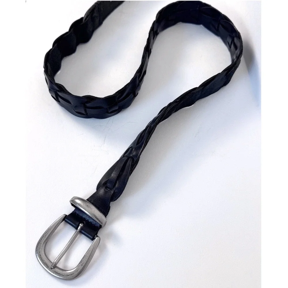 Retro Woven Black Real Leather Belt Mens 34 Preppy Dark Academia